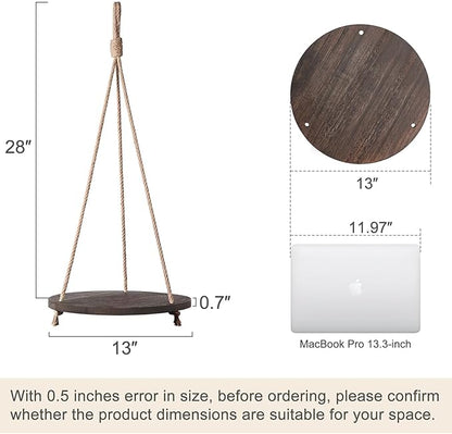 Dahey Hanging Plant Shelf Round Wood Rope Hanging Floating Shelf Vintage Home Decor Display Planter Rack for Living Room Bedroom Kitchen, Dark Brown
