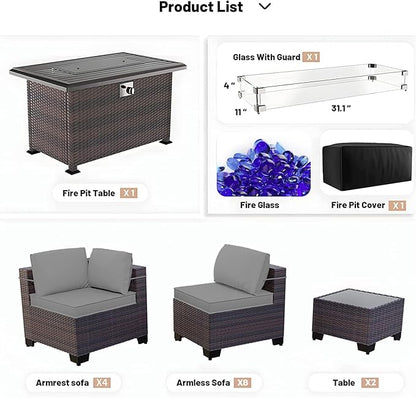 Kullavik 15 Pieces Outdoor Patio Furniture Set with 43" 55000BTU Gas Propane Fire Pit Table PE Wicker Rattan Sectional Sofa Patio Conversation Sets,Grey