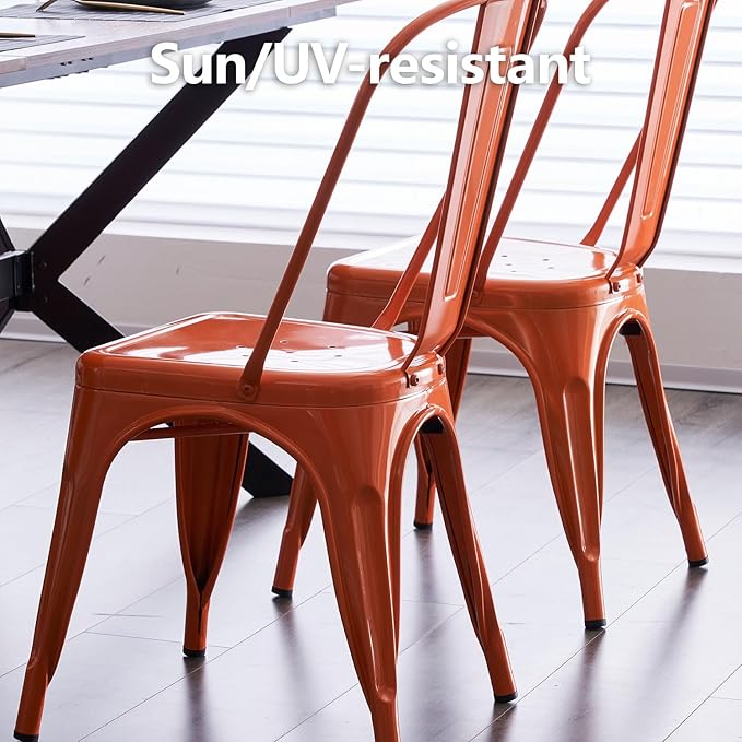 Patio Dining Chairs Set of 4, Orange Metal Farmhouse Style with Rubber Feet
