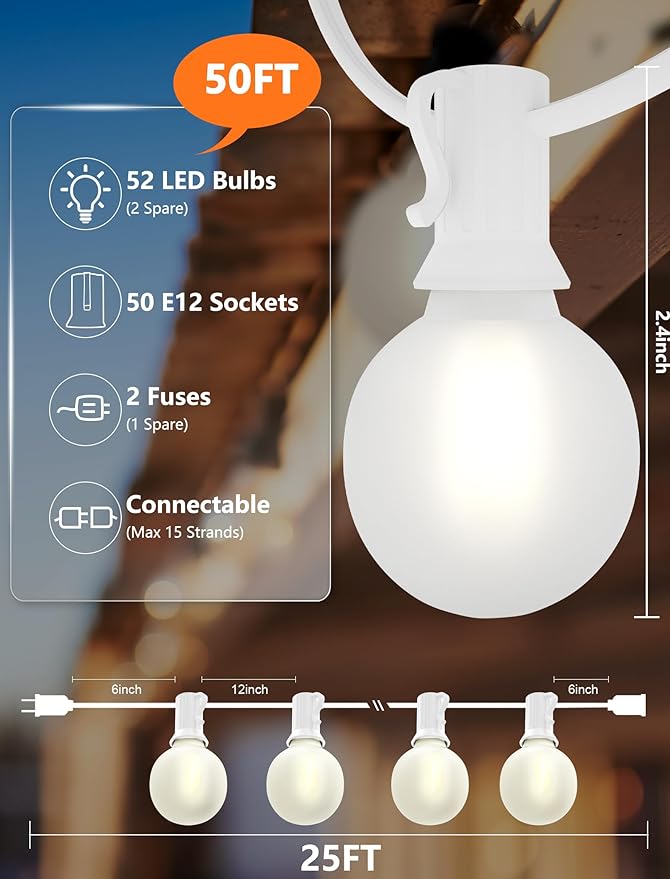 Indoor String Lights, 50 FT Frosted White G40 LED Bulbs