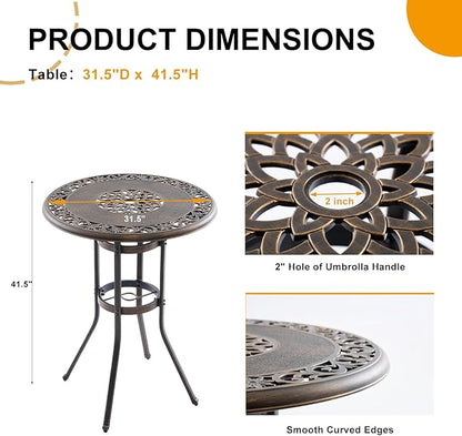 Outdoor Bar Height Table, 31.5" Round Cast Aluminum Patio Pub Table with Umbrella Hole, All-Weather Design for Deck/Garden/Poolside (Bronze)