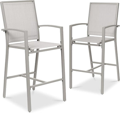 Best Choice Products Outdoor Bar Stools Set of 2, Bar Height, Patio Furniture, All Weather Mesh Design w/Armrest - Gray/Gray