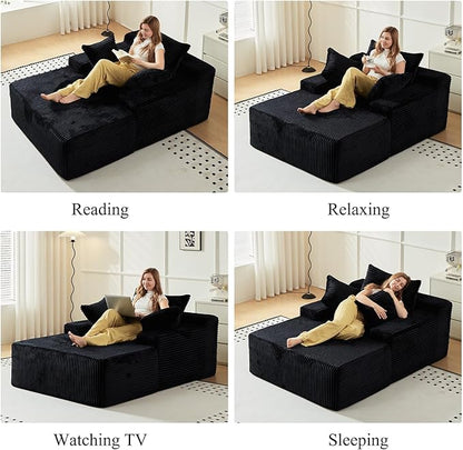 67 Inch Chaise Lounge Chair Indoor, Oversized Upholstered Boneless Sofa Bed, Corduroy Deep Seat Sleeper Couch Reading Chairs, Comfy Cloud Sofas Couches for Living Room, No Assembly Required (Black)