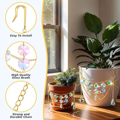 Sun Catcher Plant Hanger with Beads and Glass Crystal Beaded Plant Accessories for Indoor Home Rainbow Decor Pot Accessory(Flower Pot Not Included)(Teardrop)