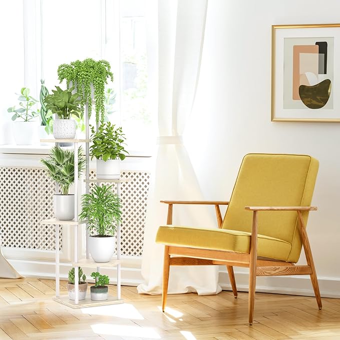 6 Tier Tall Plant Stand Indoor, Large Metal Wood Muti Level Vertical Planter Shelf Orchid Holder for Narrow Corner, Sturdy Heavy Duty Flower Display Rack for House Decor Living Room Bedroom, White