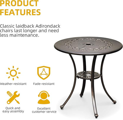 DWVO 25 Inches Round Patio Dining Table with Umbrella Hole, Antique Cast Aluminum Outdoor Bistro Table Outdoor Side Table for Backyard, Garden, Patio, Porch, Hammered Bronze