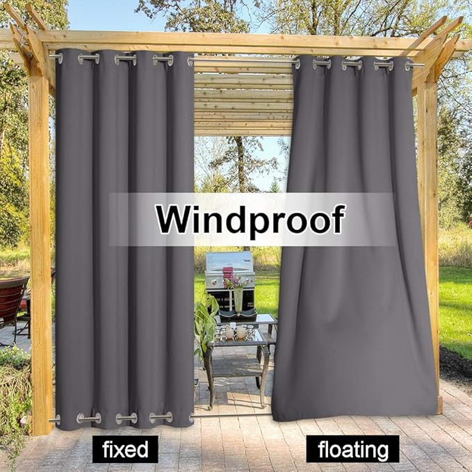 NICETOWN Outdoor Curtain for Patio Waterproof 108" Length, Windproof Thermal Insulated Rustproof Top and Bottom Grommet Fixed Blackout Outdoor Drape for Public Space/Wedding, Grey, 1 Panel, 100" W
