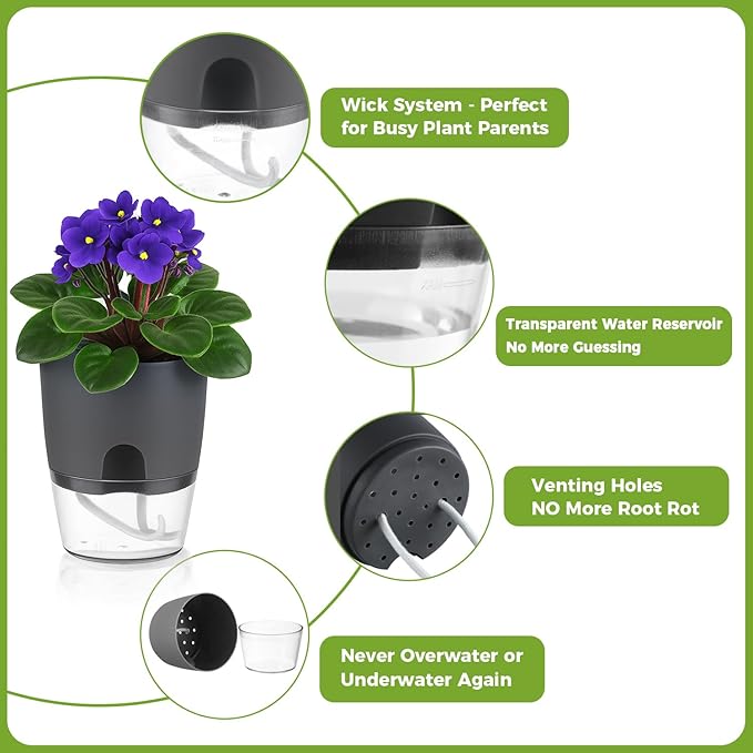 12 Pack Self Watering Pots for Indoor Plants, PlanterHoma 3.2 Inch Plant Pot Plastic Self Watering Planter for Orchid, African Violet, Mini Clear Flower Pots with Drainage Holes and Wicking Rope, Grey