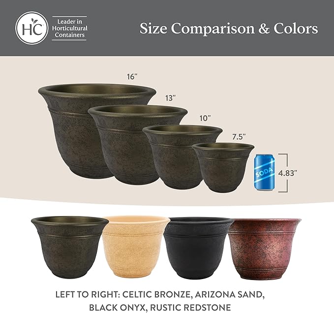 The HC Companies Sierra Round Self-Watering Pot - Lightweight Plastic Planter for Herbs & More - Durable Plant Pots for Indoor Plants & Outdoor Plants (13” Arizona Sand, Pack of 1)