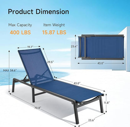 Aluminum Chaise Lounge Chair Outdoor, Foldable & Assembly Free Outdoor Lounge Chair with 5 Position Adjustable Backrest, Patio Pool Lounge Chairs for Outside Poolside Beach Lawn, 1PC, Navy Blue