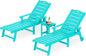 LUE BONA Chaise Lounge Chairs Set with Table, 3-Piece, 79'' Oversized HDPS Chaise Lounger, 5 Positions Adjustable Lounge Chairs, Pool Lounge Chair with Wheels for Poolside, 3 Year Warranty, Aruba Blue