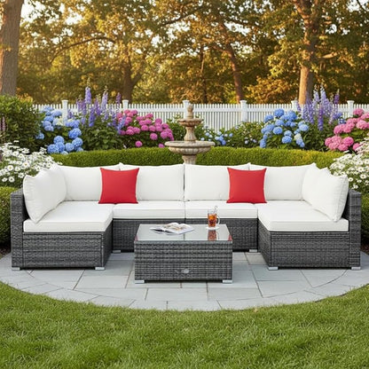 Tangkula 7 Pieces Wicker Patio Furniture Set, All-Weather Outdoor Rattan Sectional Sofa Set with Cushions & Tempered Glass Coffee Table, Outside Sofa Set for Garden, Lawn, Deck, Backyard (White)