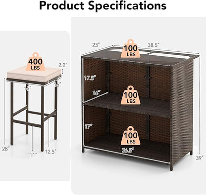 Tangkula 3 Piece Patio Bar Set, Outdoor Rattan Bar Table and 2 Stools with Tempered Glass Tabletop, 2-Tier Storage, Removable Cushions, Outside Wicker Conversation Set