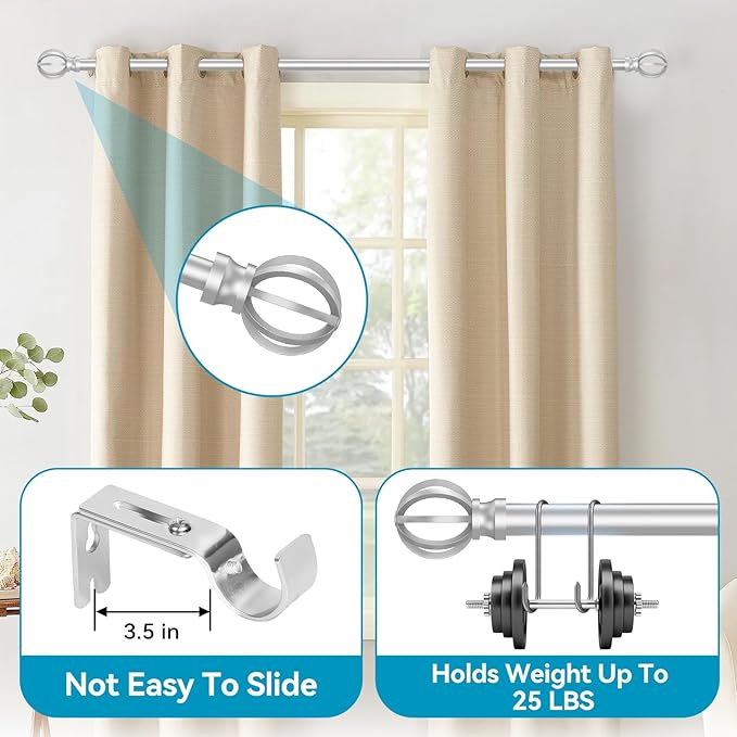 Silver Curtain Rods for Windows 28 to 48 Inch, 2 Pack 5/8" Diameter Heavy Duty Metal Adjustable Small Drapery Rod With Bracket
