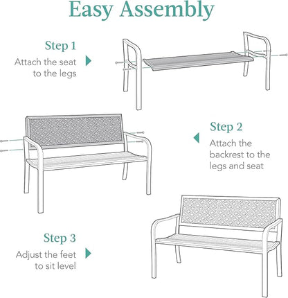 Best Choice Products Outdoor Bench 2-Person Metal Steel Benches Furniture for Garden, Patio, Porch, Entryway w/Geometric Backrest, 790lb Capacity – Gray