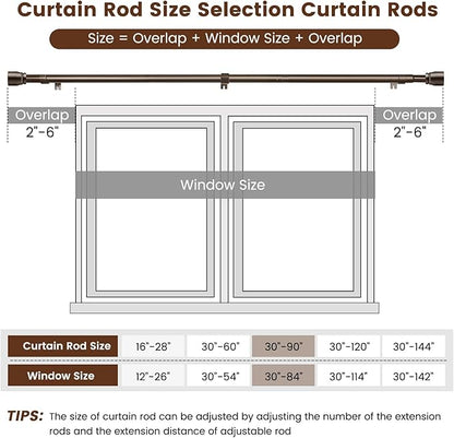 1” Diameter brown curtain rod Itself is 30 to 90 inch. 1 Pack Fits 30-84 inch Windows with Heavy Duty Adjustable brown curtain rods Splicing Metal Extra Long Curtain Rod