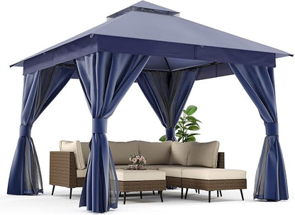 LAUSAINT HOME Semi-Permanent Outdoor Patio Gazebo 10'x10', Heavy Duty Party Tent Shelter with Double Roofs, Mosquito Nettings and Privacy Screens for Backyard, Garden, Lawn, Navy Blue