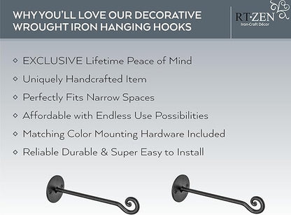 RTZEN Plant Hangers Indoor or Outdoor - Wrought Iron Metal Hanger Indoor Hook - Heavy Duty Wall Bracket Hooks for Hanging Plants Baskets Lanterns Wind Chimes - 2 Pack (Black Swirl Hooks)