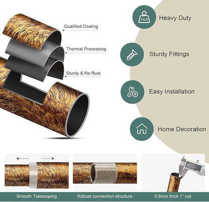 Retro Gold Curtain Rods for Windows 72 to 144 Inches Adjustable Length Heavy Duty 1" Diameter Window Curtain Rod with Decorative Finials for Outdoor Bedroom Kitchen Living Room Farmhouse