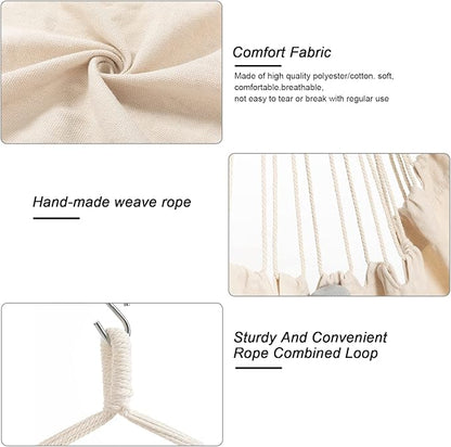 Hammock Chair, Hanging Rope Swing Seat with 2 Cushions,Macrame Hanging Chair Side Pocket with High Load-Bearing Metal Rod,for Indoor, Outdoor, Extra Comfortable