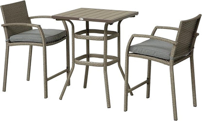 Outsunny 3 PCS Rattan Wicker Bar Set with Wood Grain Top Table and 2 Bar Stools for Outdoor, Patio, Poolside, Garden, Grey
