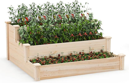 Giantex 3-Tier Raised Garden Bed, Tiered Planter Box w/Open-Ended Base, Fir Wood Elevated Raised Beds for Gardening, Vegetable Flower Herb Fruit, Perfect for Patio, Lawn, Backyard