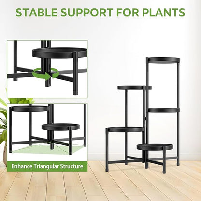 iDavosic.ly 5 Tier Large Plant Stand Indoor with 10 Inch Wide Tray, Tiered Corner Metal Outdoor Flower Display Holder Shelf, Folding Tall Rack for Patio Porch Living Room, Modern Black