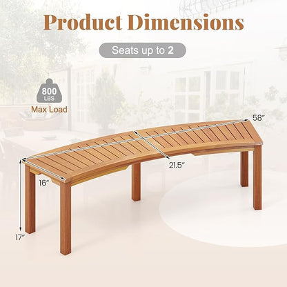 Tangkula Outdoor Curved Bench, Acacia Wood Fire Pit Bench w/Slatted Seat, Patio Backless 2-Person Seating for Porch, Yard, Garden, 800 LBS Max Load, Oil Painted (2, 58")