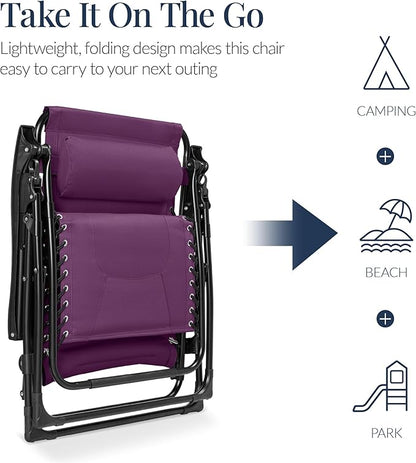 Best Choice Products Oversized Padded Zero Gravity Chair, Folding Outdoor Patio Recliner, XL Anti Gravity Lounger for Backyard w/Headrest, Cup Holder, Side Tray, Polyester Mesh - Amethyst Purple