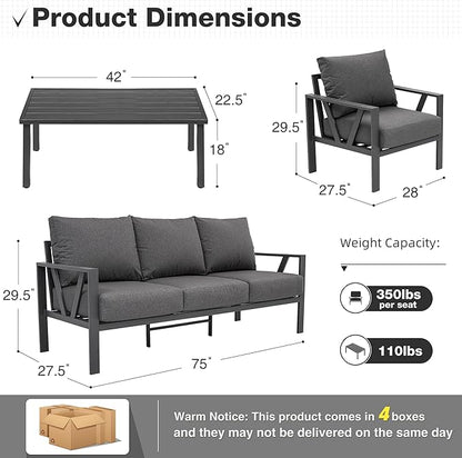 Outdoor Patio Furniture Set, 4 Pieces Metal Patio Furniture Set with Coffee Table, Modern Outdoor Conversation Seating with 6.5" Thick Cushions, Dark Grey