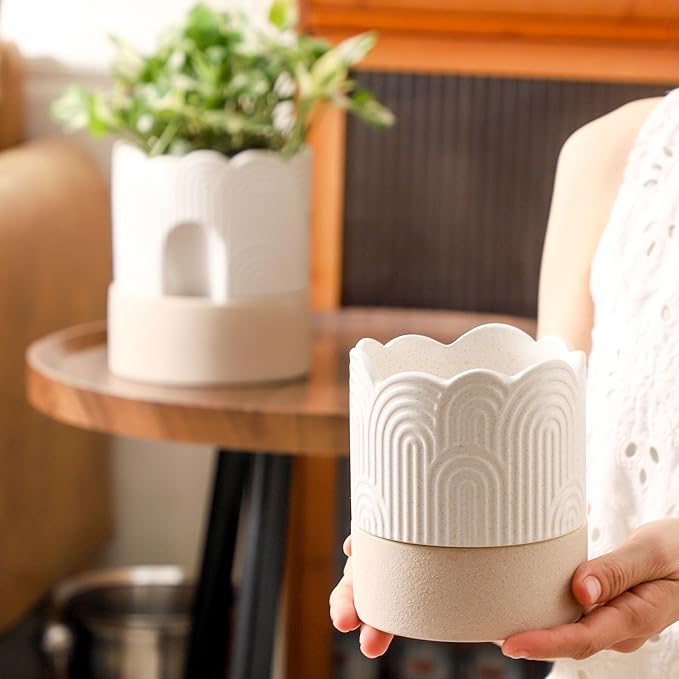 Nihow Self Watering Plant Pot: 4.5 Inch Ceramic Planter with Drainage Hole & Water Storage Plus for Indoor & Outdoor Plants - Cylinder Flower Pot for Herbs/Violets - Beige & Nature