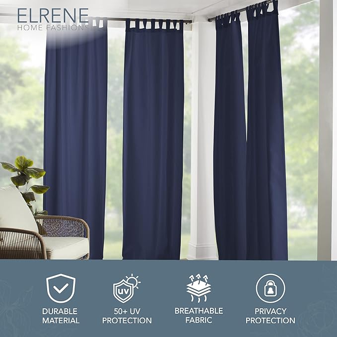 Elrene Home Fashions Matine Weatherproof Tab-Top Indoor/Outdoor Solid Color Curtain Panel for Porch, Pergola, Patio, Deck, 52”W x 95”L, Blue
