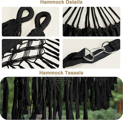 Bellzacasa Double Hammock, Heavy Duty 500 lb Load Capacity Tassels and Fishtail Knitting with Mounting Straps for Outdoor Camping Patio Balcony Black