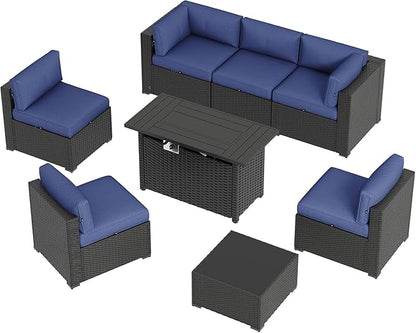 Aoxun 8 Piece Patio Furniture Set with 44” Fire Pit Table, Wicker Rattan Patio Sectional Sofa, Outdoor Furniture Set with Thickened Cushion, Blue