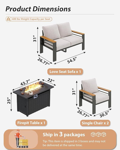 Aoxun Aluminum Outdoor Patio Furniture Set, 5-Piece Outdoor Sectional with 44'' Propane Gas Firepit Table, Patio Conversation Sets with Upgraded Armrests and Cushions for Backyard (Grey,4 Seats)