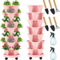 Umigy 2 Set of 7 Tier Vertical Planter Stackable Tower Planters Strawberry Herb Flower and Vegetable Pots Indoor Outdoor Gardening Pots with Removable Wheels and Tools(Pink)