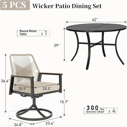 Patio Dining Set 5 Piece, 4 x Woven Rattan Swivel Chairs with Waterproof Cushion, 42” Metal Round Dining Table with Umbrella Hole, Outdoor Table and Chairs Set for Backyard Lawn and Deck, Beige