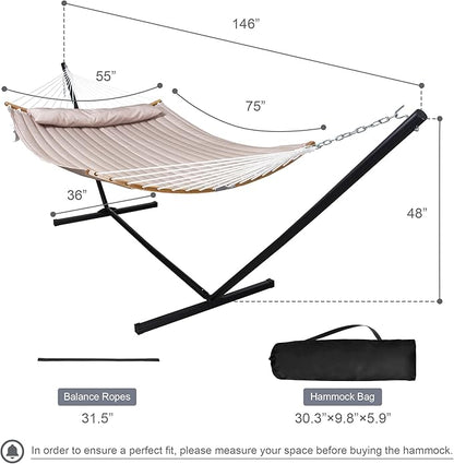 Double Hammock with 12 FT Stand, 2 Person Curved Bar Hammock with Stand, Pillow and Portable Carrying Bag, Heavy Duty 450lbs Capacity, Tan