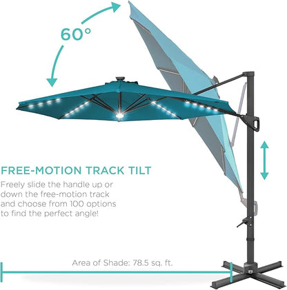 Best Choice Products 10ft Solar LED Cantilever Patio Umbrella, 360-Degree Rotation Hanging Offset Market Outdoor Sun Shade for Backyard, Deck, Poolside w/Lights, Easy Tilt, Cross Base