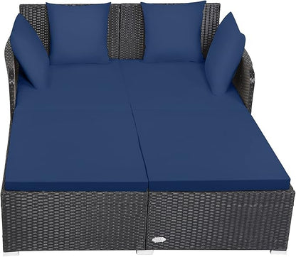 Tangkula Outdoor Rattan Daybed, Sunbed Wicker Furniture w/Spacious Seat, Upholstered Cushion & High-Resilience Sponge, Wicker Patio Sofa Set w/Extra Pillows for Courtyard Poolside (Navy)