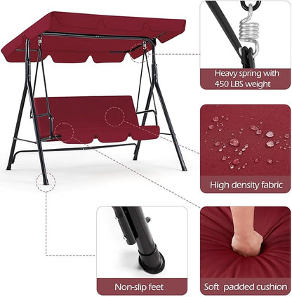 AECOJOY Porch Swing with Stand, 3-Seat Outdoor Clearance Porch Swings for Adults, Outdoor Patio Swing with Adjustable Canopy & Removable Cushion for Backyard, Garden, Yard, Poolside, Balcony (Red)