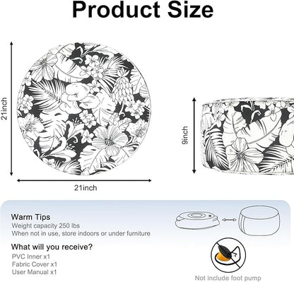 Inflatable Ottoman Stool D21 xH9 for Outdoor/Indoor Use, Water Repellent Patio Foot Rest with Portable Handle,Round Pouf Ottoman Suitable for Garden,Deck and Camping-Tropical Blossom Noir