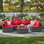 Tangkula 7 Pieces Wicker Patio Furniture Set, All-Weather Outdoor Rattan Sectional Sofa Set with Cushions & Tempered Glass Coffee Table, Outside Sofa Set for Garden, Lawn, Deck, Backyard (Red)
