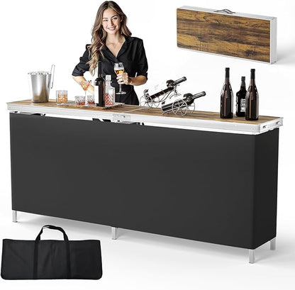 VINGLI 78" Portable Bar Table, 2-Tier Shelves, Mobile Bar Table for Events, Party, Camping, Picnic, Tradeshow, Indoor with Black Skirt