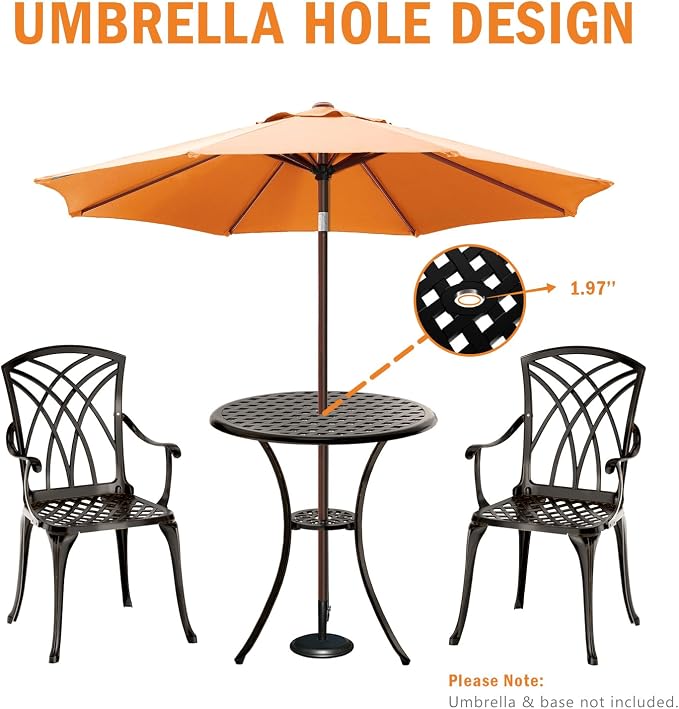 Cast Aluminum Bistro Set for 2 with Umbrella Hole, Black, 3 Piece