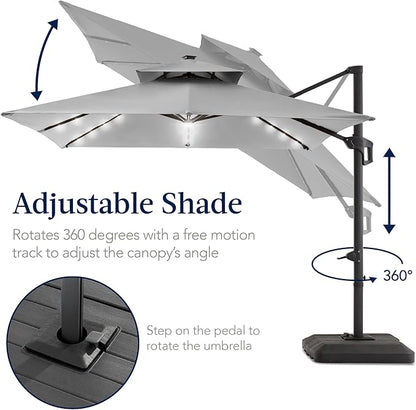 Best Choice Products 9x12ft LED Cantilever Patio Umbrella w/Base Included & 360° Rotation, Large Solar Offset Hanging Outdoor Sun Shade for Deck, Backyard Table w/Stand & Lights – Fog Gray