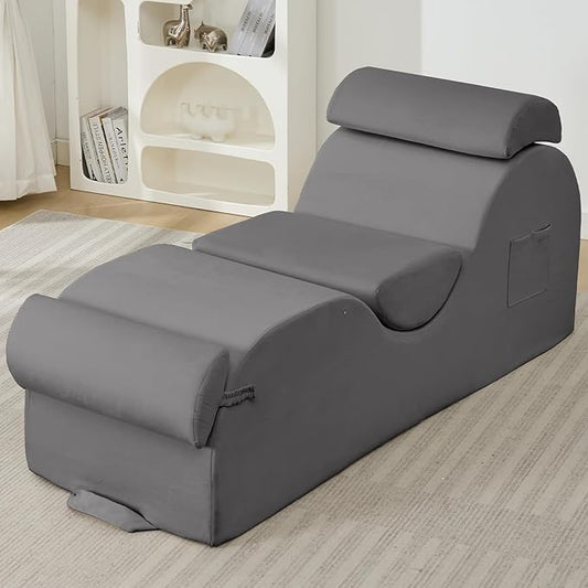 ijuicy Chaise Lounge Chair for Exercise, Indoor Lounger with Headrest, Waist Cushion, Movable Footrest, Side Pockets, Non-Slip Bottom - Yoga Chair with High Density Sponge, Light Grey