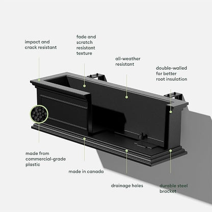 Veradek Brixton Series Plastic Railing Planter - Rectangular Planter for Outdoor Deck/Balcony | Crack-Resistant with Adjustable Rail Attachment | Classic Estate Design for Herbs, Succulents, Flowers