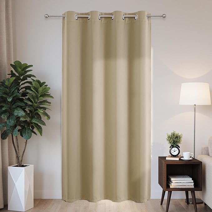 Joydeco Blackout Patio Sliding Door Curtains 72 Inches Long, Grommet Privacy Room Divider Curtains, Extra Wide Thermal Blackout Drapes for Bedroom Living Room (Light Beige, 60Wx72L, 1 Panel)