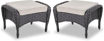 Belord Outdoor Ottomans for Patio Foot Rest - 25 Inch PE Wicker Foot Stool Set of 2 with Removable Cushions for Patio Furniture Sets,All Weather Rattan Ottoman for Balcony Deck Backyard Black
